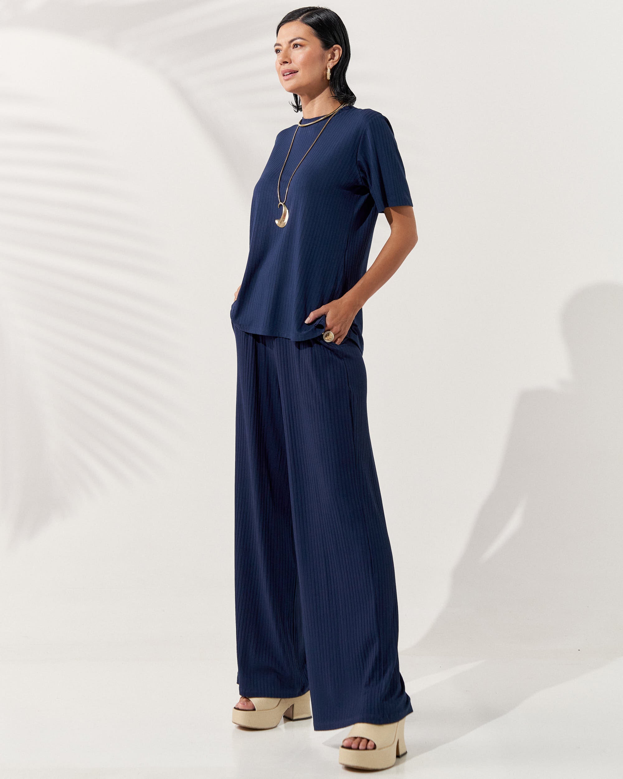 Blusa Canelado Henriqueta Azul Marinho