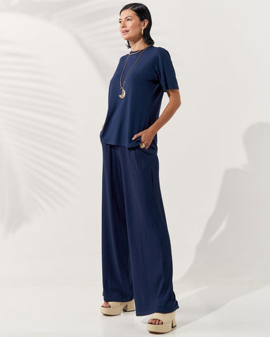 Blusa Canelado Henriqueta Azul Marinho