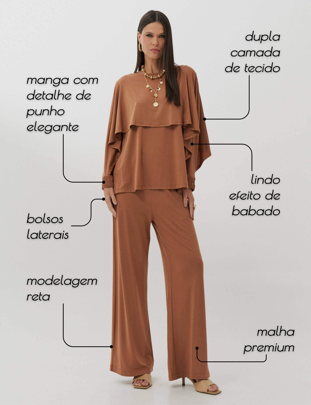 Conjunto Feminino Mocha Mousse em Malha MVS com Blusa de Dupla