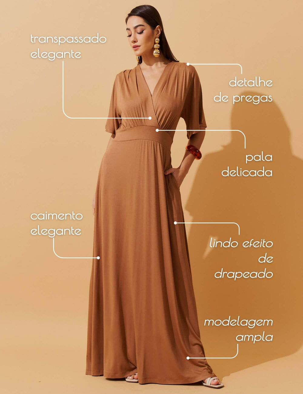 Vestido Longo Mocha Mousse em Malha MVS com Decote V e Manga Sino