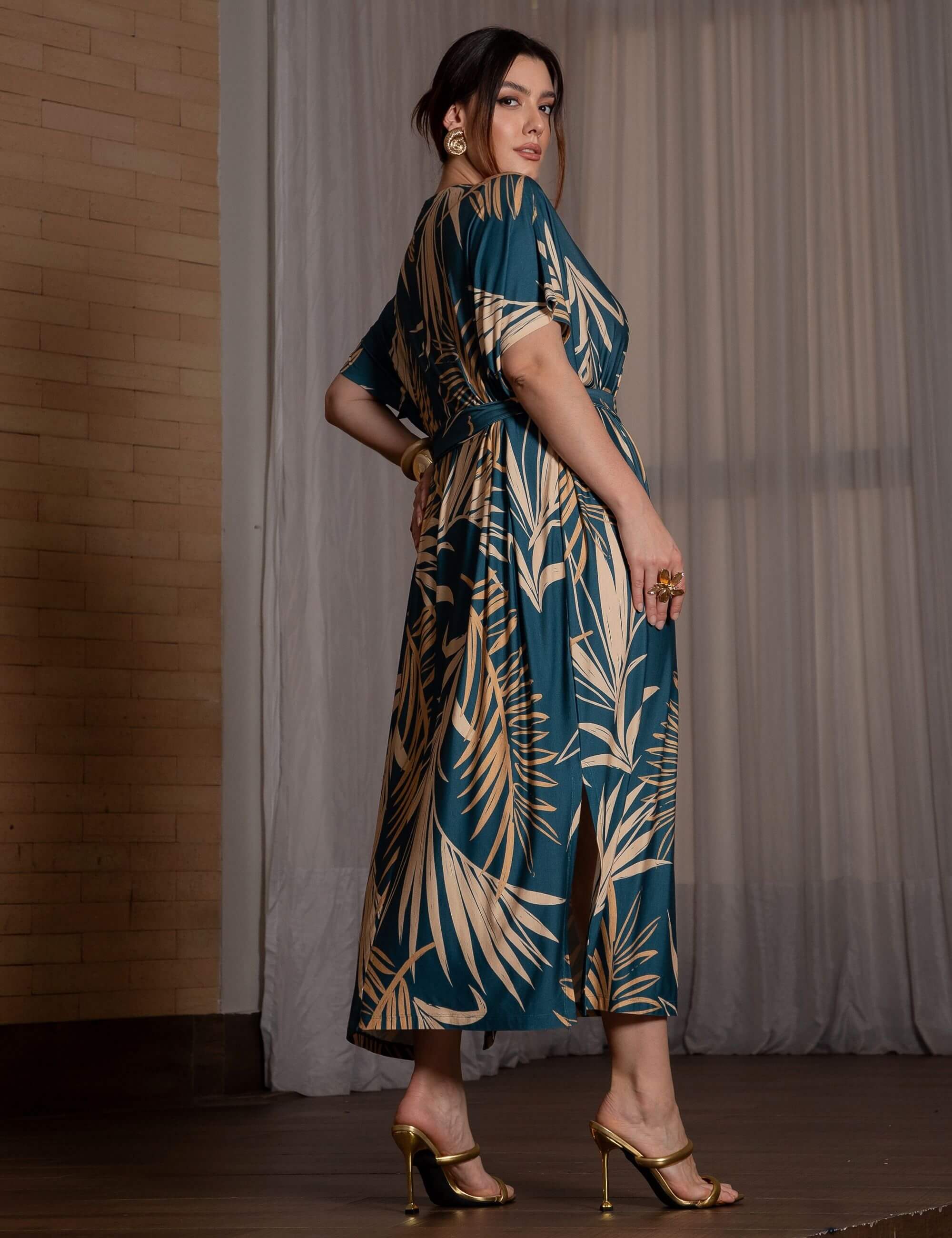 Vestido Estampado Edite Azul Petróleo
